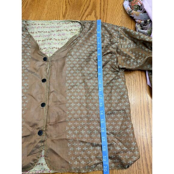 Vintage Blouse Women's Medium Brown Blue Green Silk Reversible Top Button Front - Picture 7 of 8
